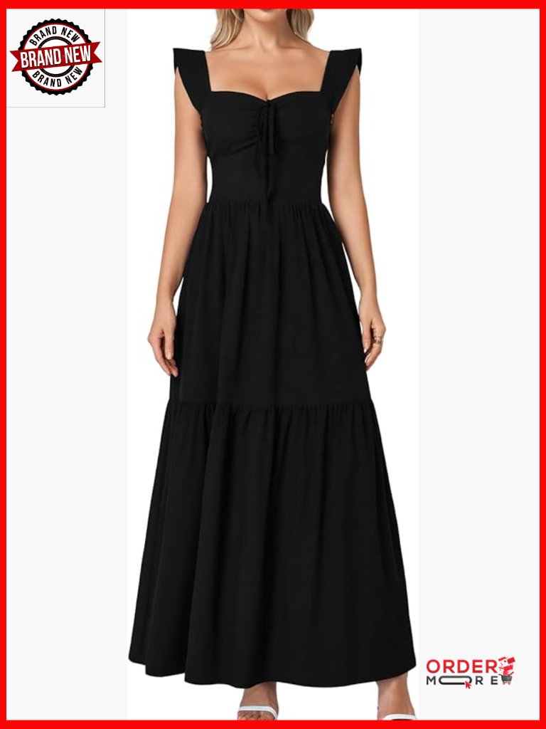 Womens Corset Maxi Dress Ruffle Sleeve Flowy Boho Sundress Bow Tie Tea Party